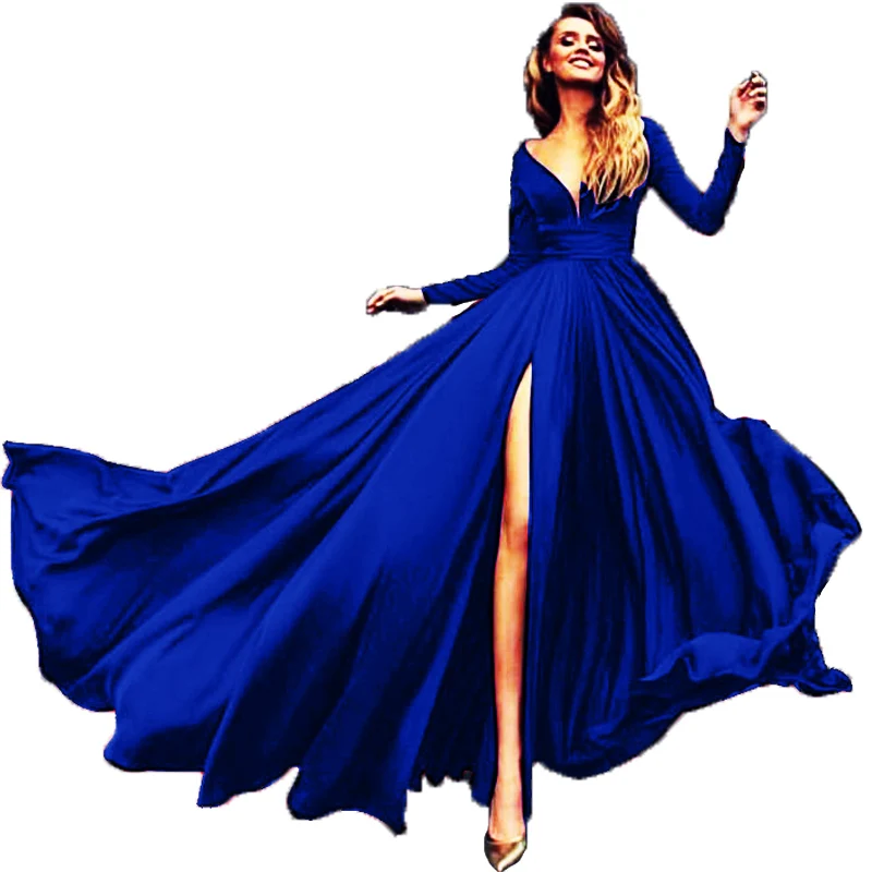 
2019 Euramerican foreign trade hot sale new style dresses hot style sexy deep V-neck long sleeve prom dresses ball-gown skirt 