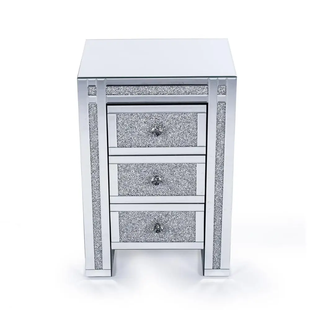 Diamond crush crystal handle 3 drawers mirrored nightstand