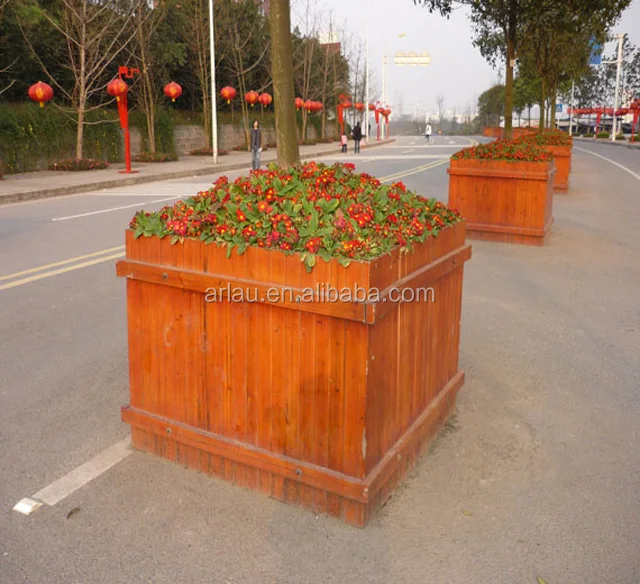 chinese large long square urban street outdoor garden wooden tree planter pot