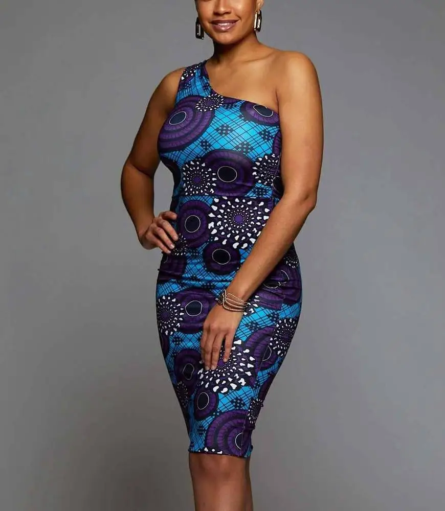 
2020 Summer Women African Clothing 100% Polyester ITY Print Fabric Short Dress 