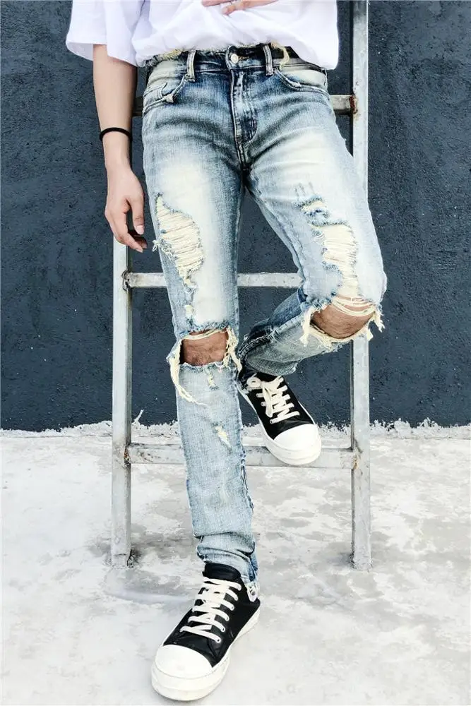 OEM  new style ripped pent style stock dropshipping 	men jeans trousers