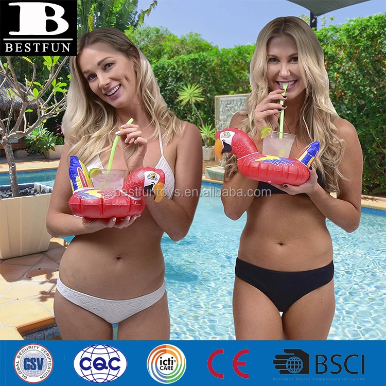 factory thick PVC party inflatable tropical parrot drink float durable plastic folding blow up bird cup holder floating