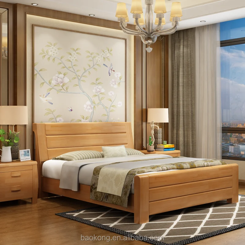 Rubber Wood Bedroom Furniture Double Bed With Drawers