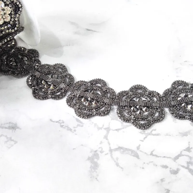 Antique Silver Flower Trim Rhinestone Applique Chain for Garment