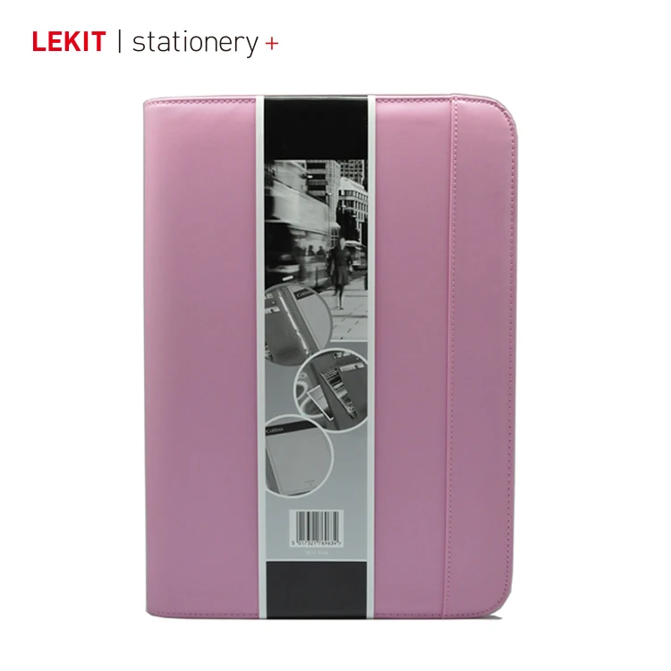 Pink PU leather a4 portfolio with notepad leather zipper binder notebook