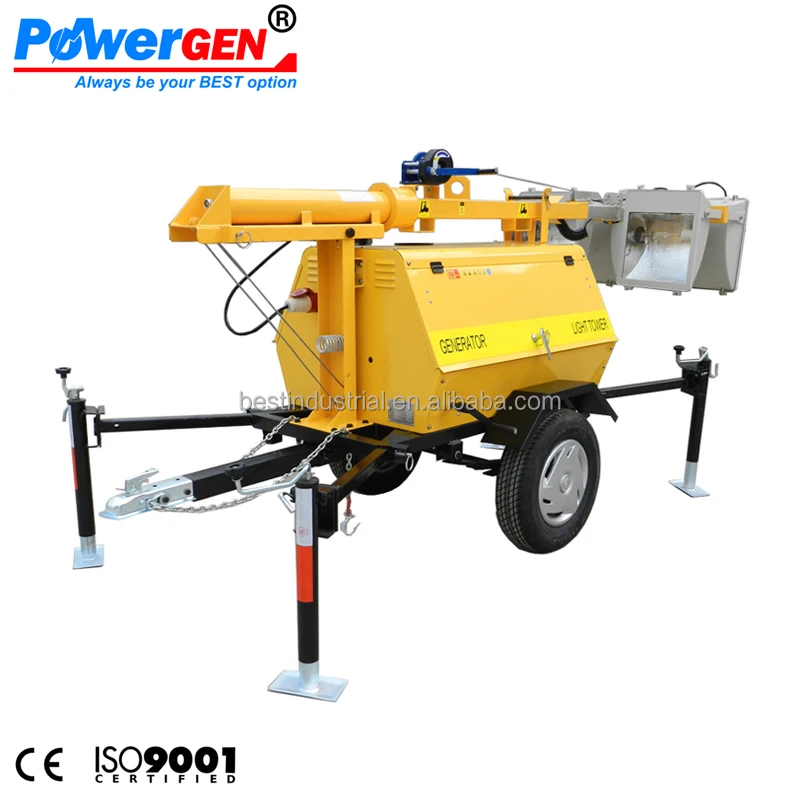 POWERGEN 8m high mast Lighting Tower 4x1000W with Trailer Diesel Generator 5KW for Mining and Construction