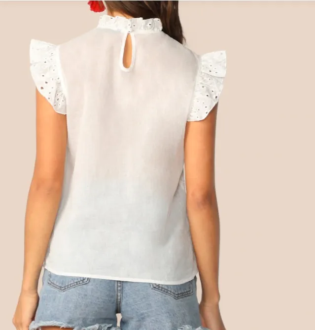 Beaty embroidered top ruffle trim top floral eyelet top