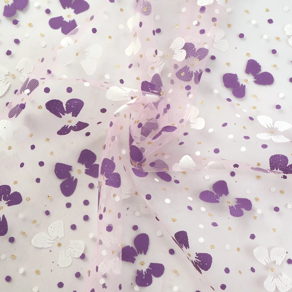 
19 by 59 inch Gold Glitter Dot Purple Knot Bow Organza Lace Tulle Fabirc47666 