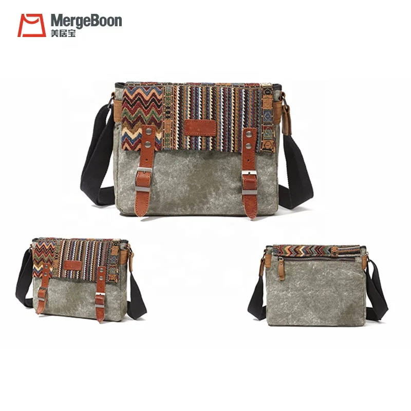 Mergeboon custom  vintage folk style canvas messenger bag for women