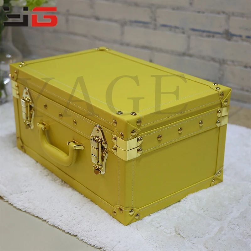 Decorative set of 3 yellow vintage faux leather wood classic suitcase