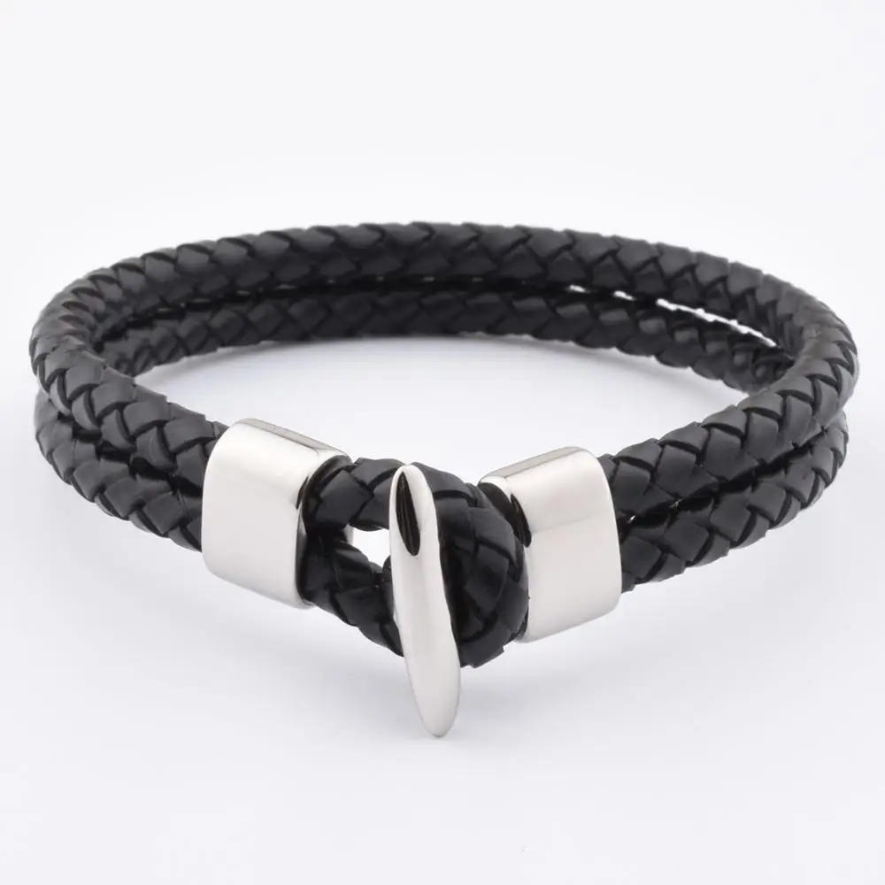Factory Hot Sale Large Mens Navy Leather Steel Hook Clasp Latest Bracelet For Teenager Men