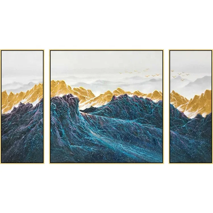 3 pieces Wall Art mountains Peaks Modern landscape birds Gold Art abstract Painting on canvas Blue Original Pictures