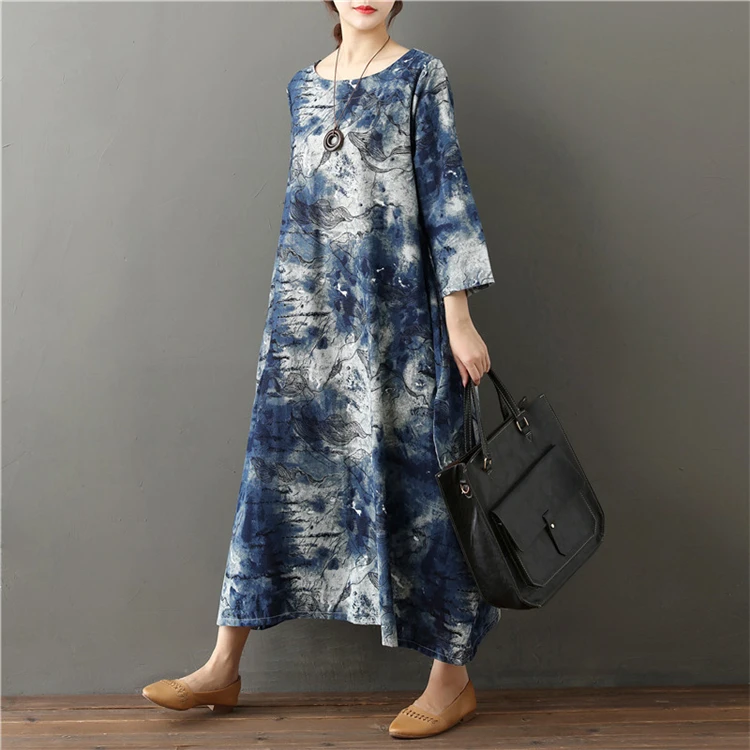 
Long Loose Women Print Linen Dresses in Stock 