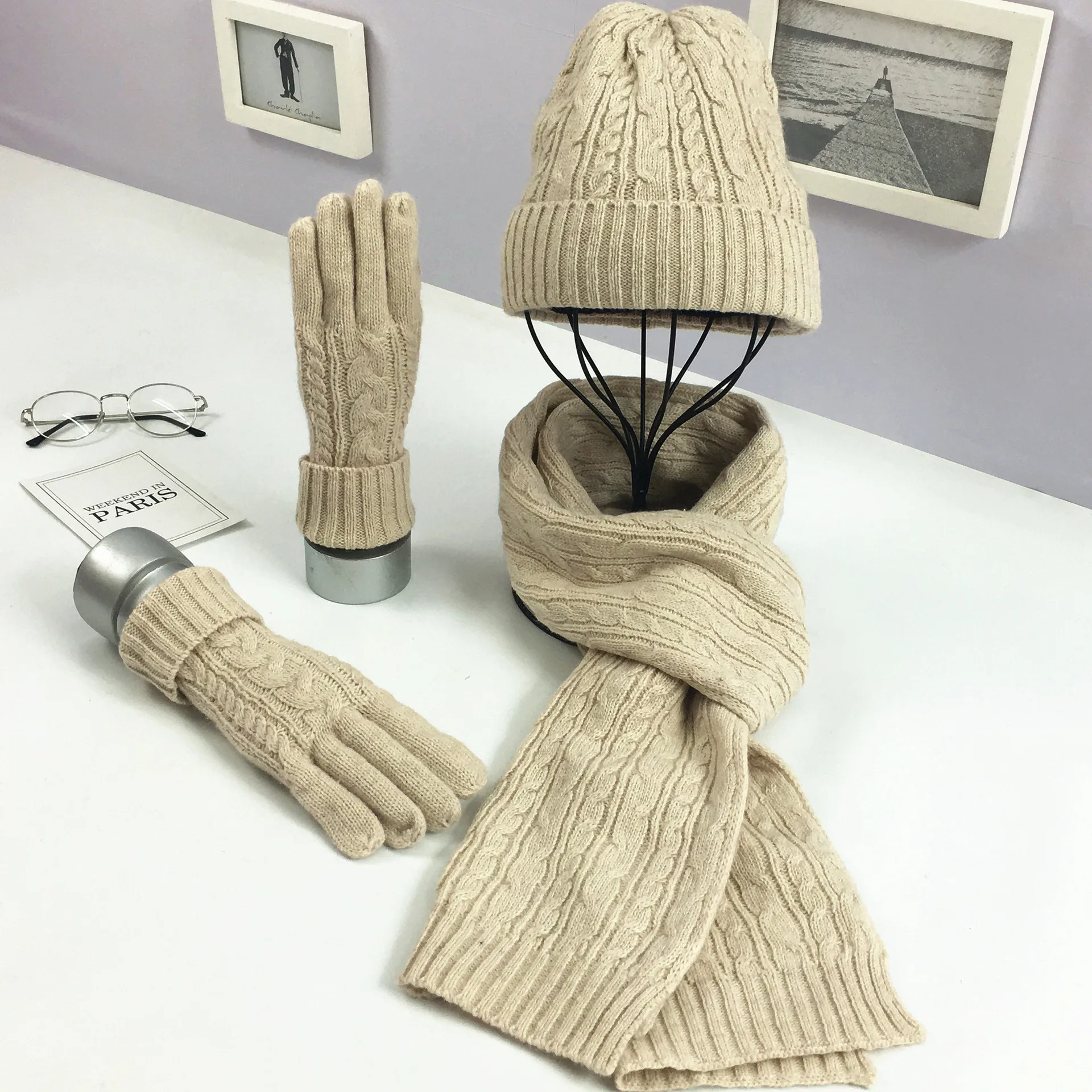 Knit Cashmere Scarf Hat Glove Sets Soft Warm Beanie women scarf hat