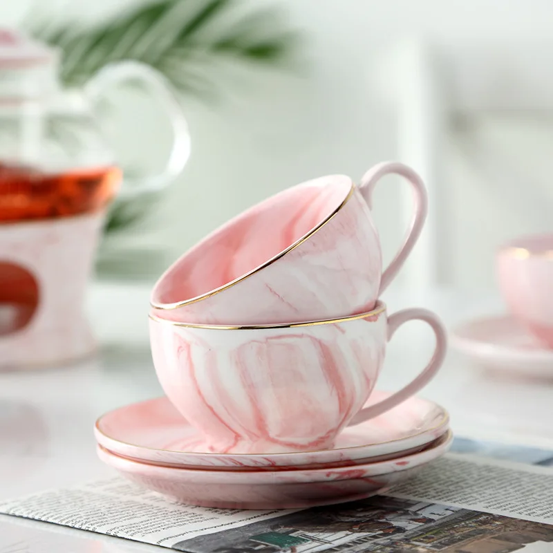Pink Ceramic Tea Cup Set Marble Design Cups and Saucers