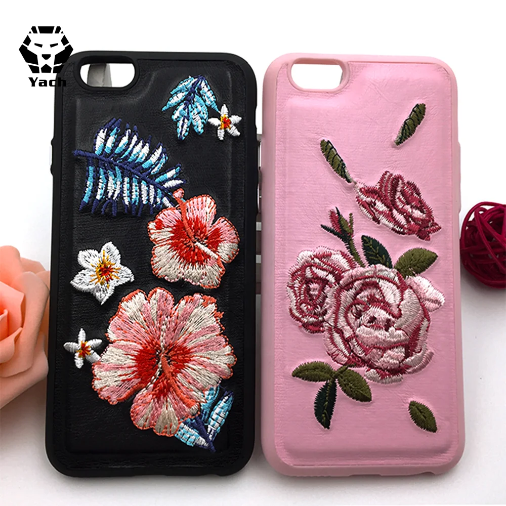 
China supplier oem customized colorful unique embroidered pink black import leather mobile accessories phone case cover 