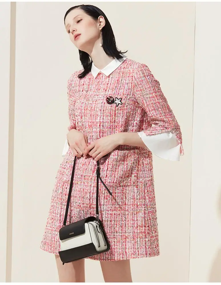 Women 3/4 Flare Sleeves Trun-Down  Collare Pink Tweed embroidery Casual Austum Dress