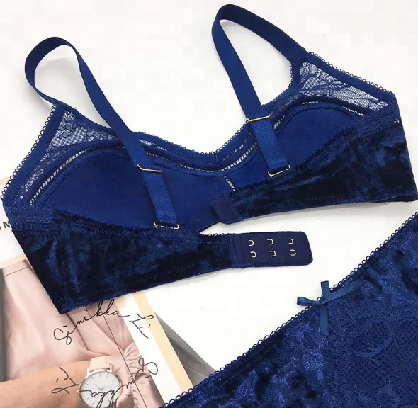 Super thin underwear velvet bralette and brief set velour bra and pant sexy lady lingerie with lace
