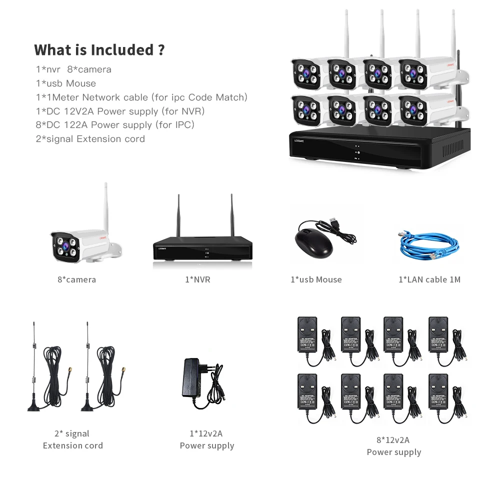 LOOSAFE NVR Kit 8CH Беспроводная система камер 720p 960p 1080p Wifi Bullet IP CCTV