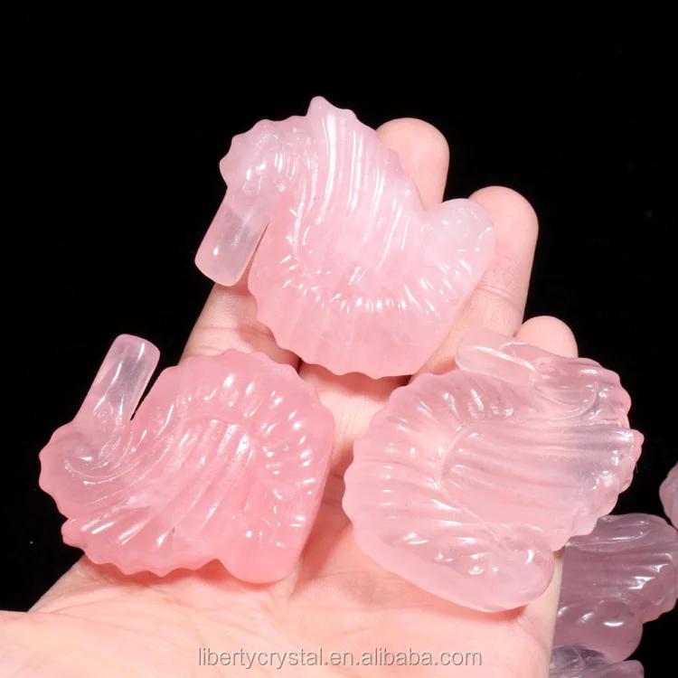 Natural Pink Rose Crystal Sea Horse Healing Carved Figurine