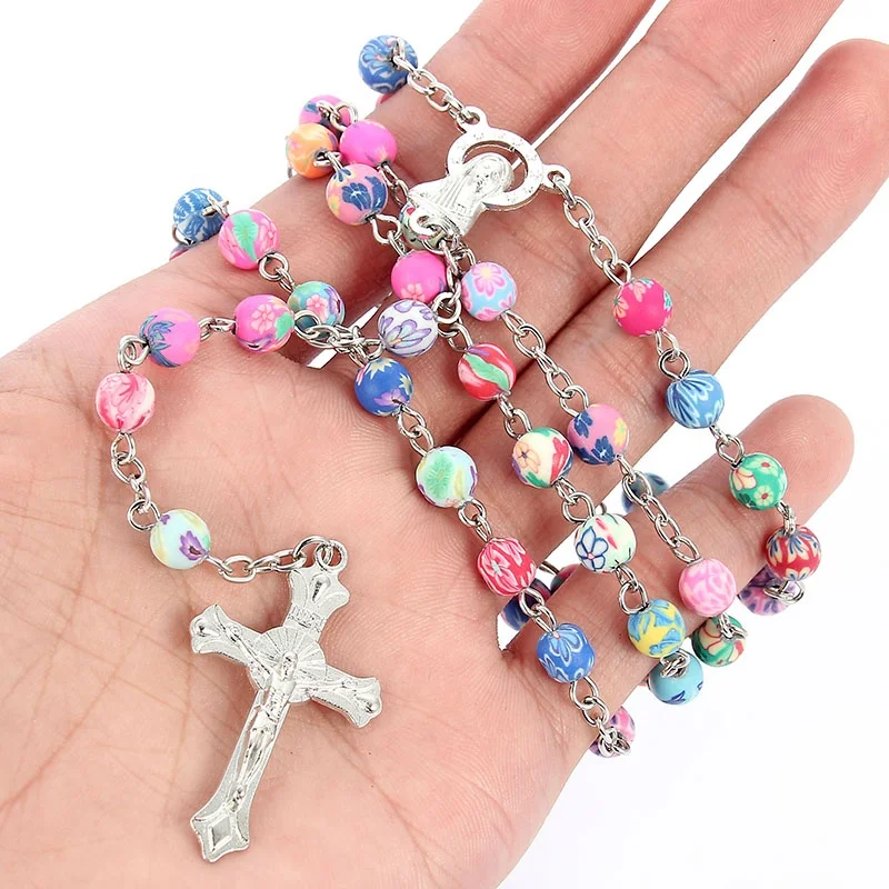 8mm Colorful Polymer Clay Bead Rosary Pendant Necklace Alloy Cross Virgin Mary Christian Catholic Religious Jewelry