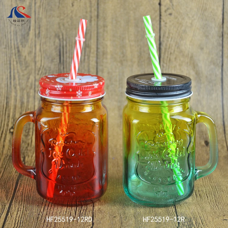 Customized Color Glass 500ml  Engraved Logo Flawless Etch Mason Jar For Cold Drinks With Straw Iced Cold Drink Drinking Bottle