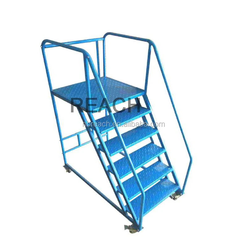 Warehouse Steel Safety Rolling Mobile Platform Ladder with Handrails