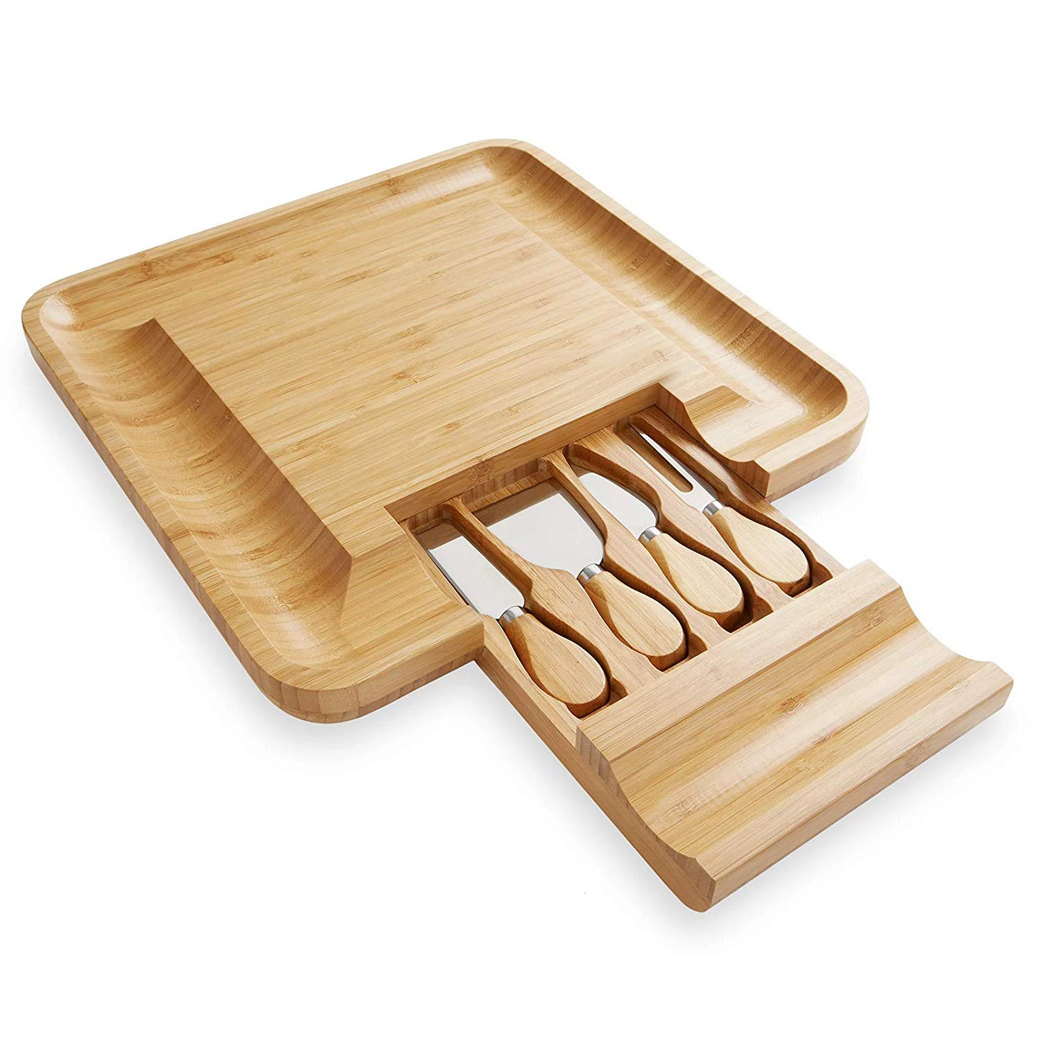 Bamboo Cheese Board & Knife Set Wood Meat Platter Charcuterie Set,Exclusive Cheeseboard With 4 Cheese Knives