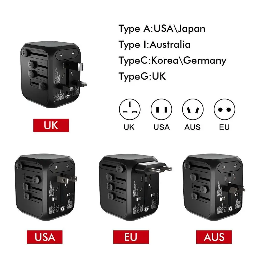 
Licheers Universal Travel Adapter USB Type-c Wall Charger Us Eu Uk Australia with Dual Fuse 5A Smart Power USB and 3.0A Black 