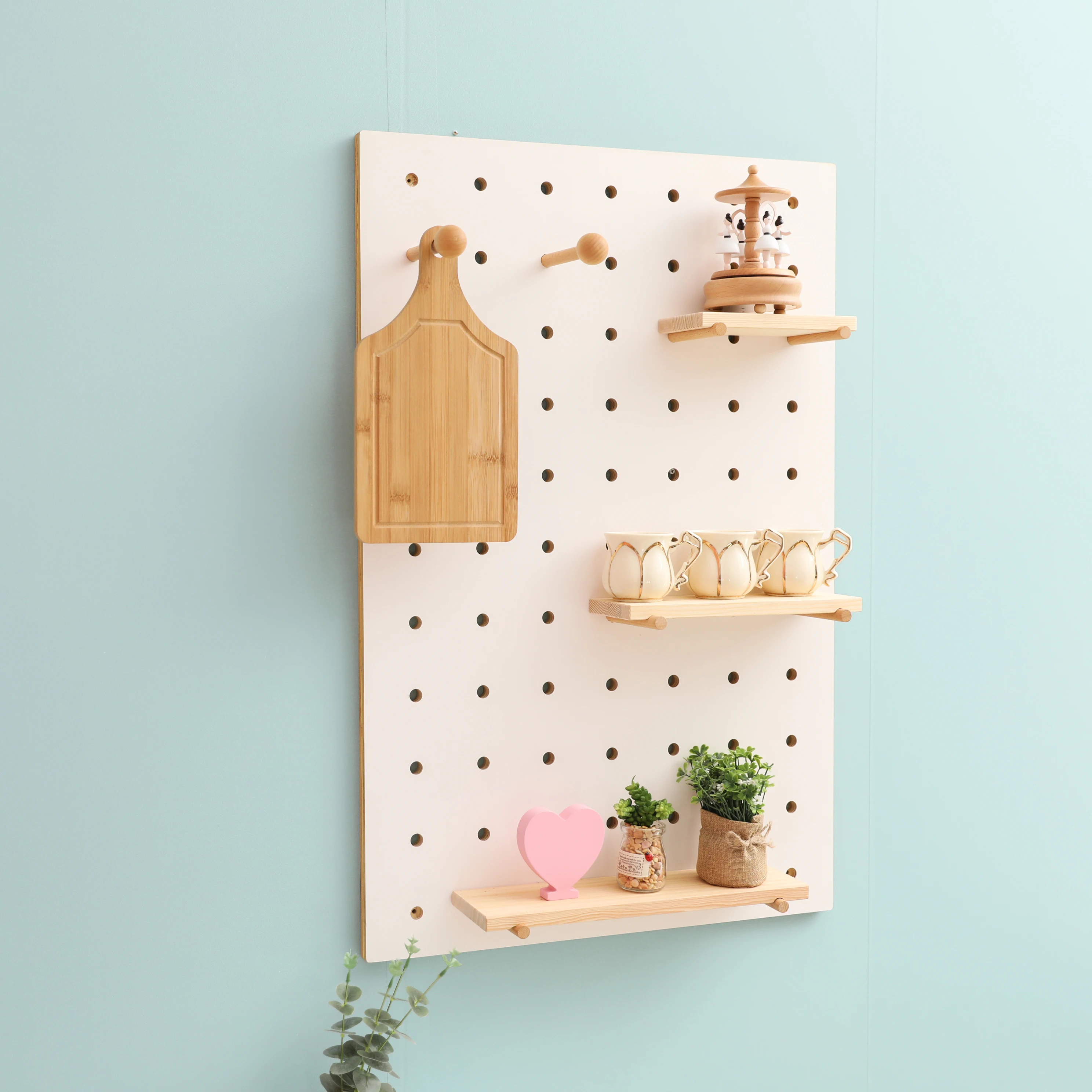 Wooden europe style tool shelf  white square plate display peg board