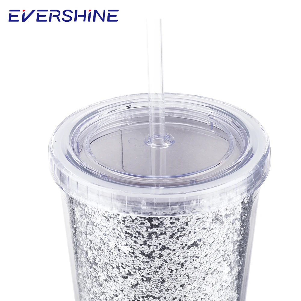 Promotional eco friendly wine coffee clear reusable custom 16oz glitter tumbler cups double wall plastic tumbler with straw