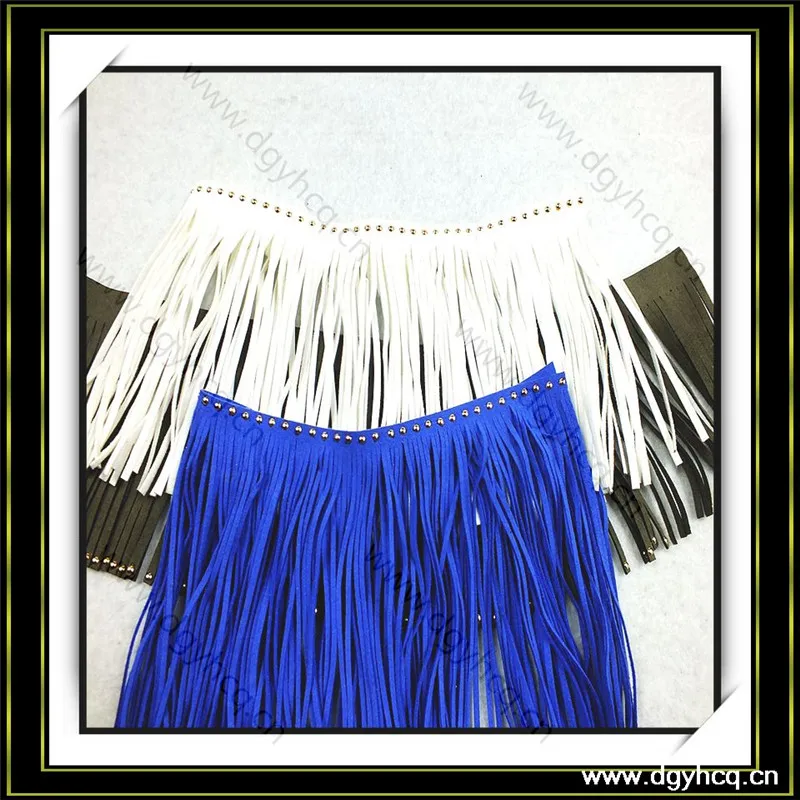 Fashion style long fringe trim microfiber suede leather fringe trim with rhinestone for shoes handbags pillow decoration