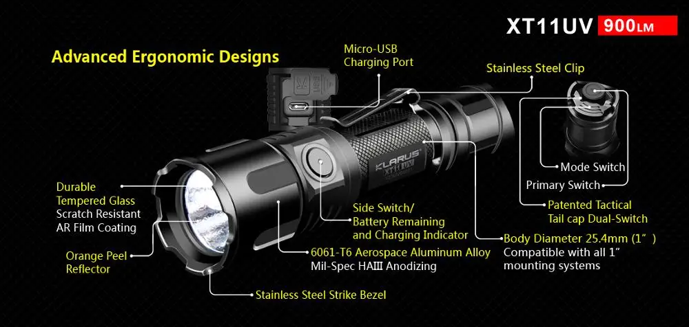 Klarus XT11UV Flashlight XP-L V3 365nm UV max 900LM Rechargeable Torch