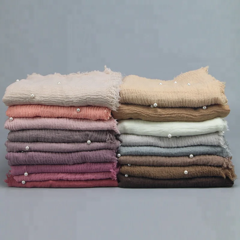 Hot Sale Dubai Pure Color Crinkle Tassels Muslim Scarf Women Hijab