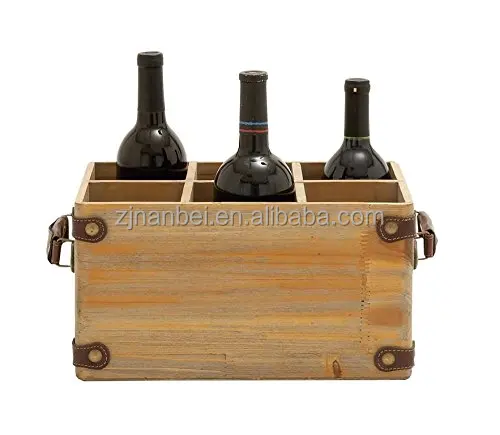 Custom logo wooden wine carrier 6 bottle crate with leather handle