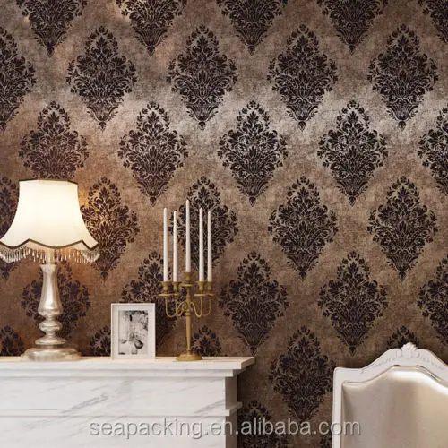 Luxury Vintage Gorgeous Black Classic Damask on Gold Brown Background Wallpaper