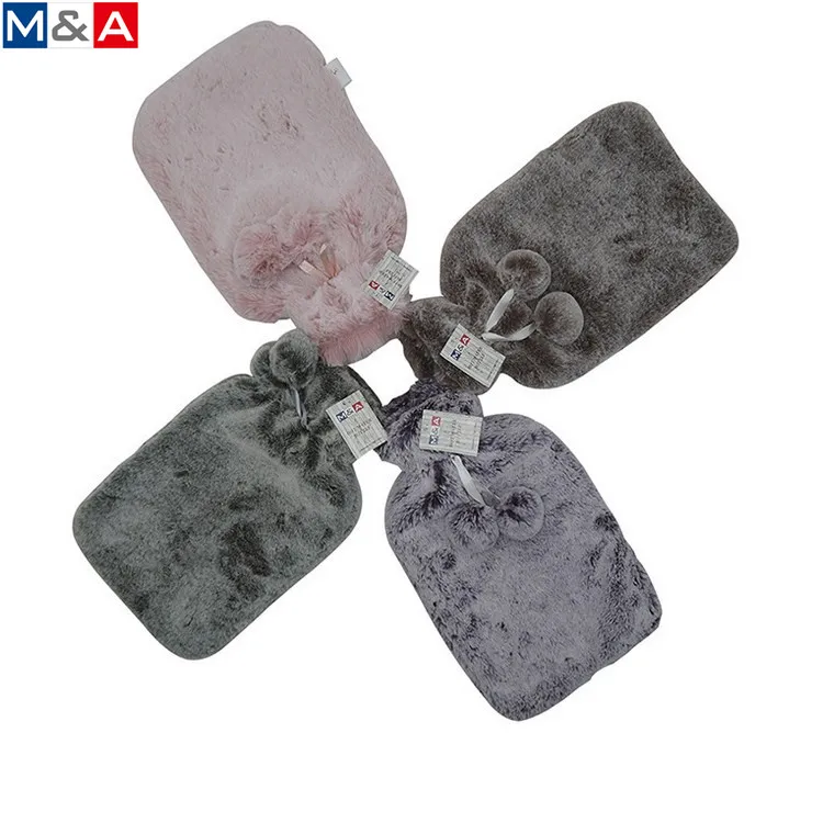 
Good quality rubber hot water bottles warm bag brown plush cover with pompom 