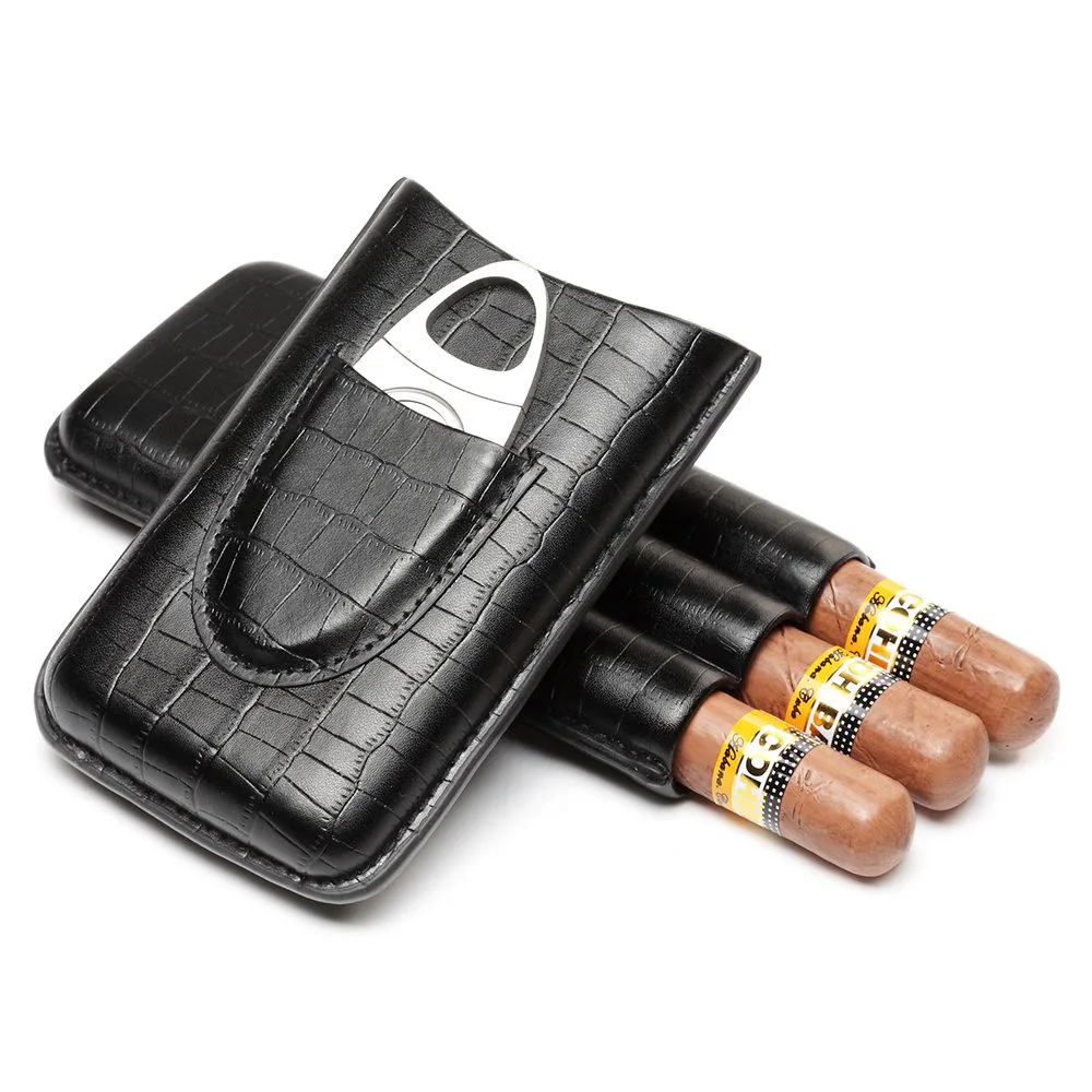 
Custom Handmade Black 3 pieces Luxury Crocodile grain Genuine Leather Cigar Box Cigar Humidor Box with cutter pocket 