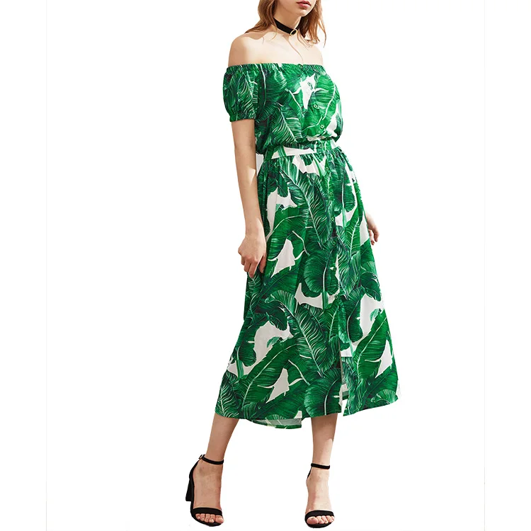 
A Line Short Puff Sleeve Palm Leaf Print Alibaba Fashion Off Shoulder Dress 