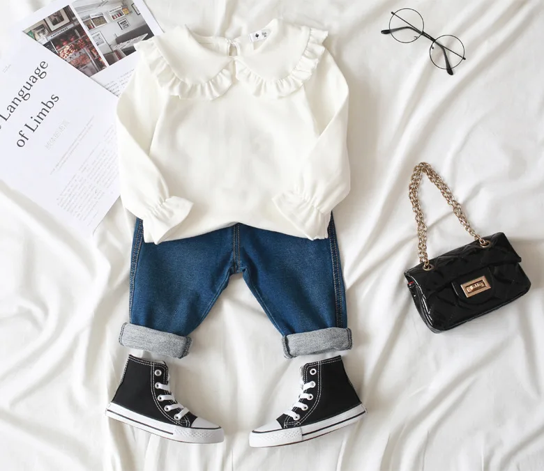 
fancy autumn sweet doll collar kids ruffle long sleeved top girl t- shirt 