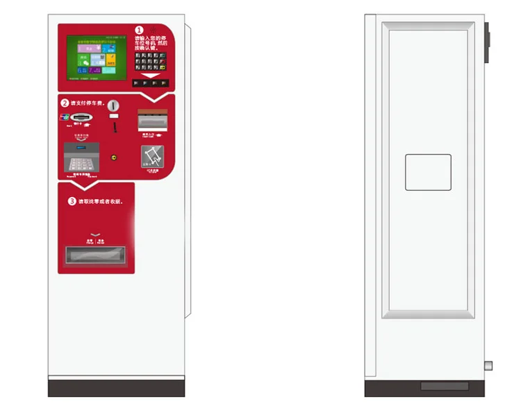 Self service car parking lot ticket bill payment kiosk machine with cash acceptor cash coin dispenser for cash out change