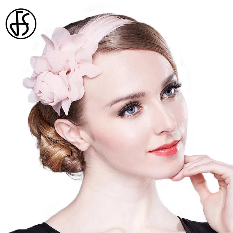 Elegant Pink Wedding Hat Brides Girls Flower With Feather Pillbox Headband Cocktail Dress Hats Wholesale Fascinators For Women