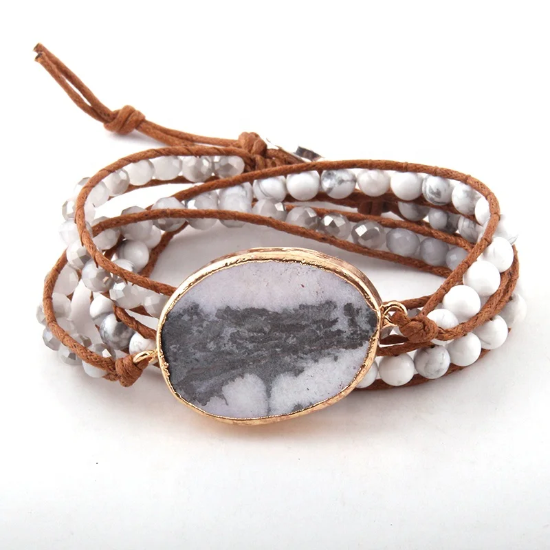 Fashion Women bracelet Handmade Natural Stone glass beads bracelet 3 row Men Leather Wrap Bracelet Dropship