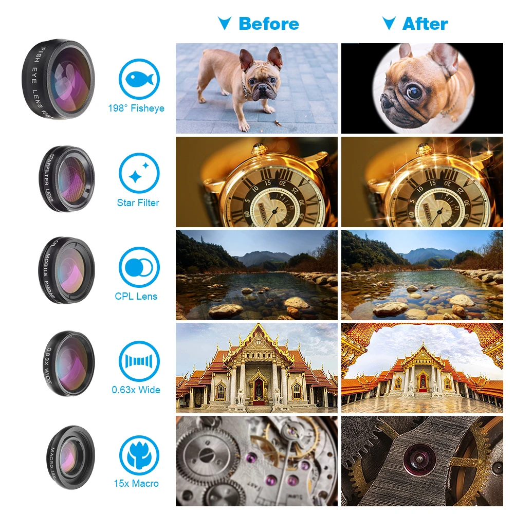 APEXEL 16X Mobile Camera Lens Telescope Fisheye Wide Angle Macro Universal Clip 6 in 1 Cell Phone Camera Lens Kit for iPhone X