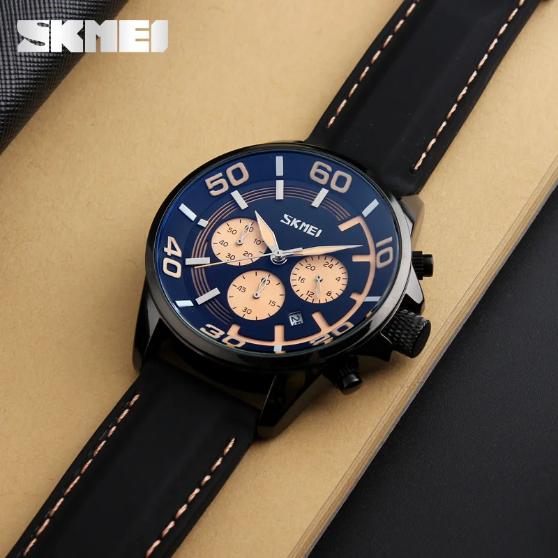 SKMEI 9154 mens luxy three dial genuine leather quartz watch