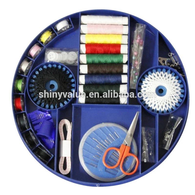 Complete Sewing Kit Box with 75pcs Accessories Big Blue round Plastic for Hand Sewing and Knitting for Office or Christmas