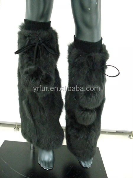 YR129 Fashion Wholesale Rabbit leg warmers Patchwork Fur Leg Warmer with fur balls for women