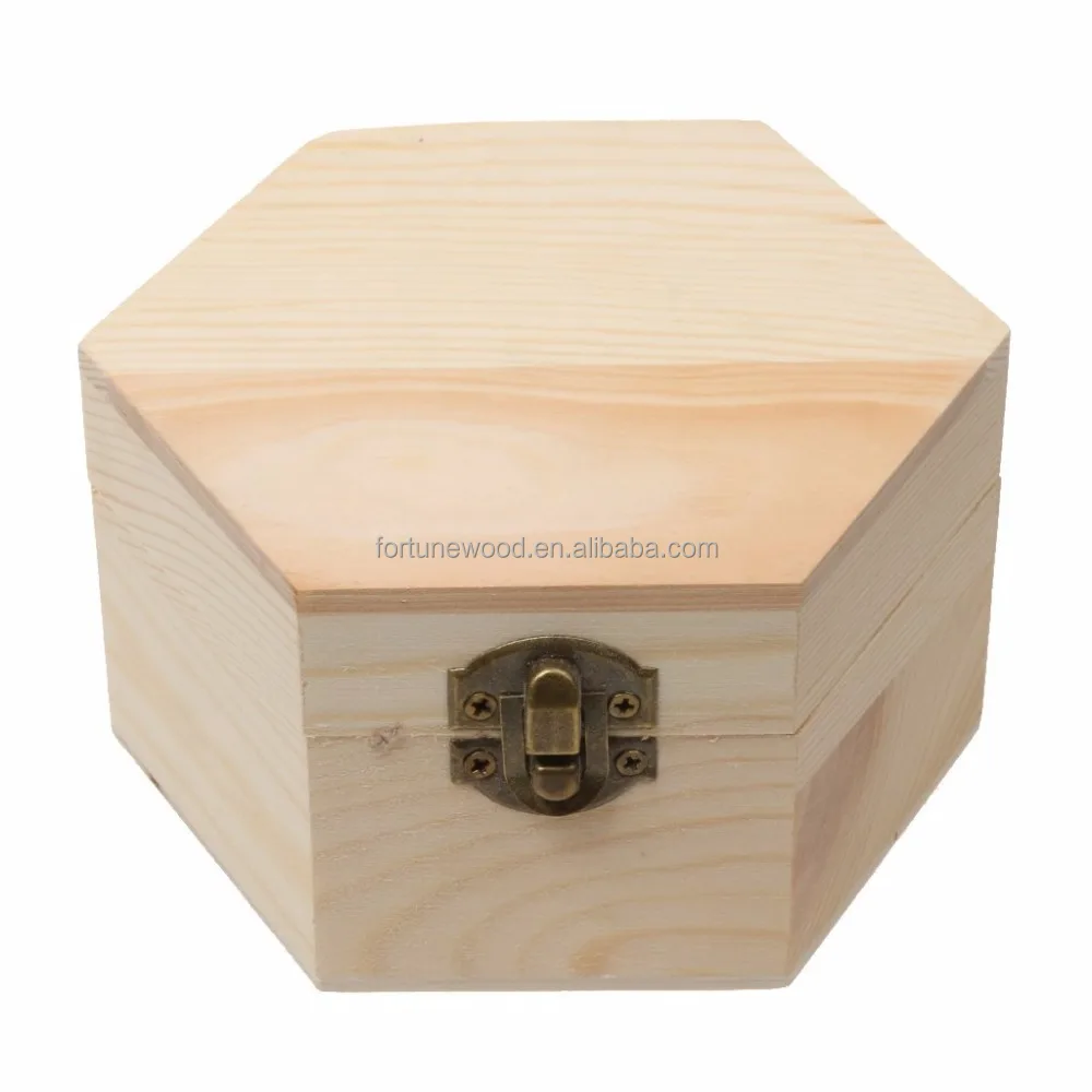 Plain Unfinished Box, Hexagon Unpainted Wooden Jewelry Box DIY Storage Chest Treasure Toy Case 13x 11x 7cm