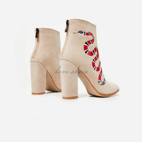High Heeled Ankle Boots Snake embroidered in nude suede Women pointed toe booties