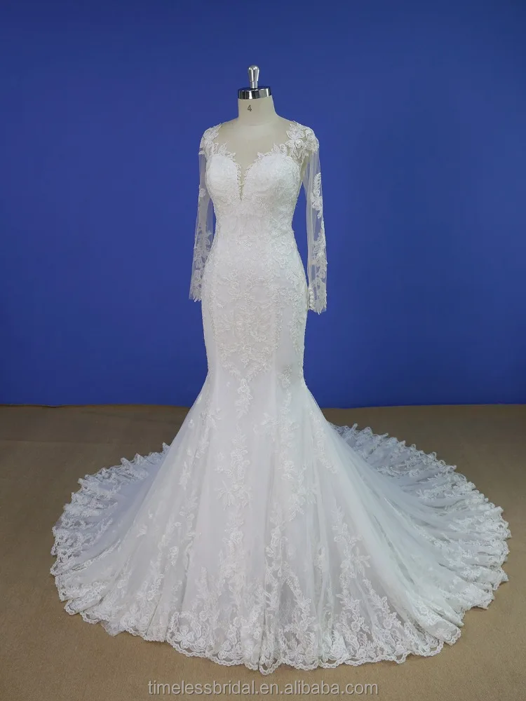 Illusion nude sheer lace top deep neckline mermaid wedding dress brush train